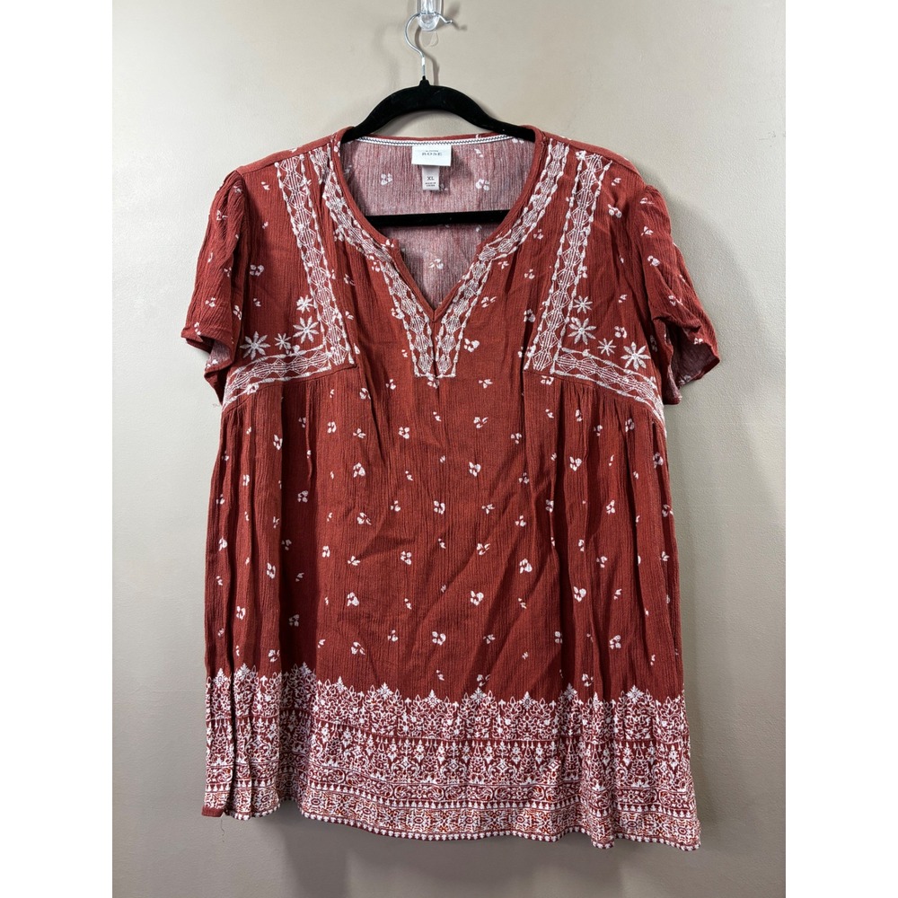Knox Rose Womens XL Terracotta Red Boho Embroidered Floral Babydoll Top